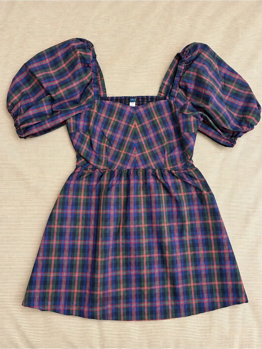 Old Navy L Petite Plaid Puff Sleeve Fit & Flare Mini Dress Tartan